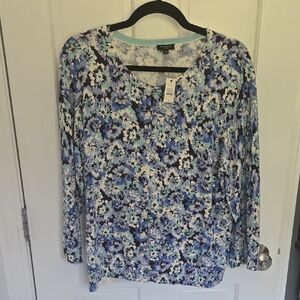 Talbots Blue and White Floral 3/4 Length Sleeve Cardigan